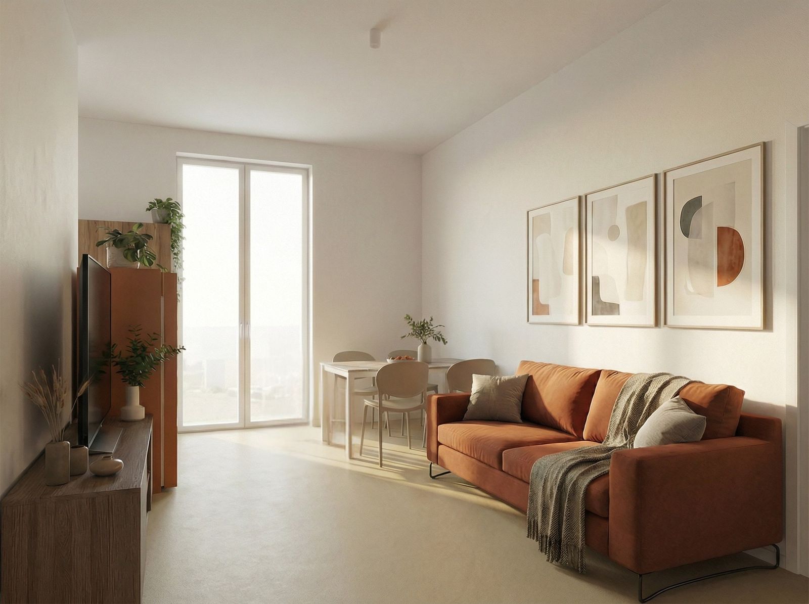 Soggiorno con divano terracotta — virtual tour del progetto di interior design Pecchio 13, Milano