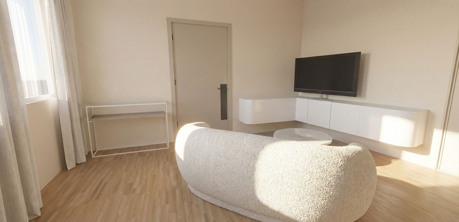 Render fotorealistico di un soggiorno progettato a Torino